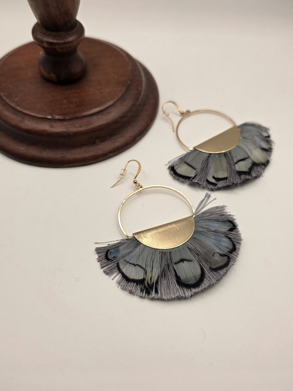 NWT A Project Gold Tone Round Hoop Dangle Earrings w/ Gray Feather Fringe Hook